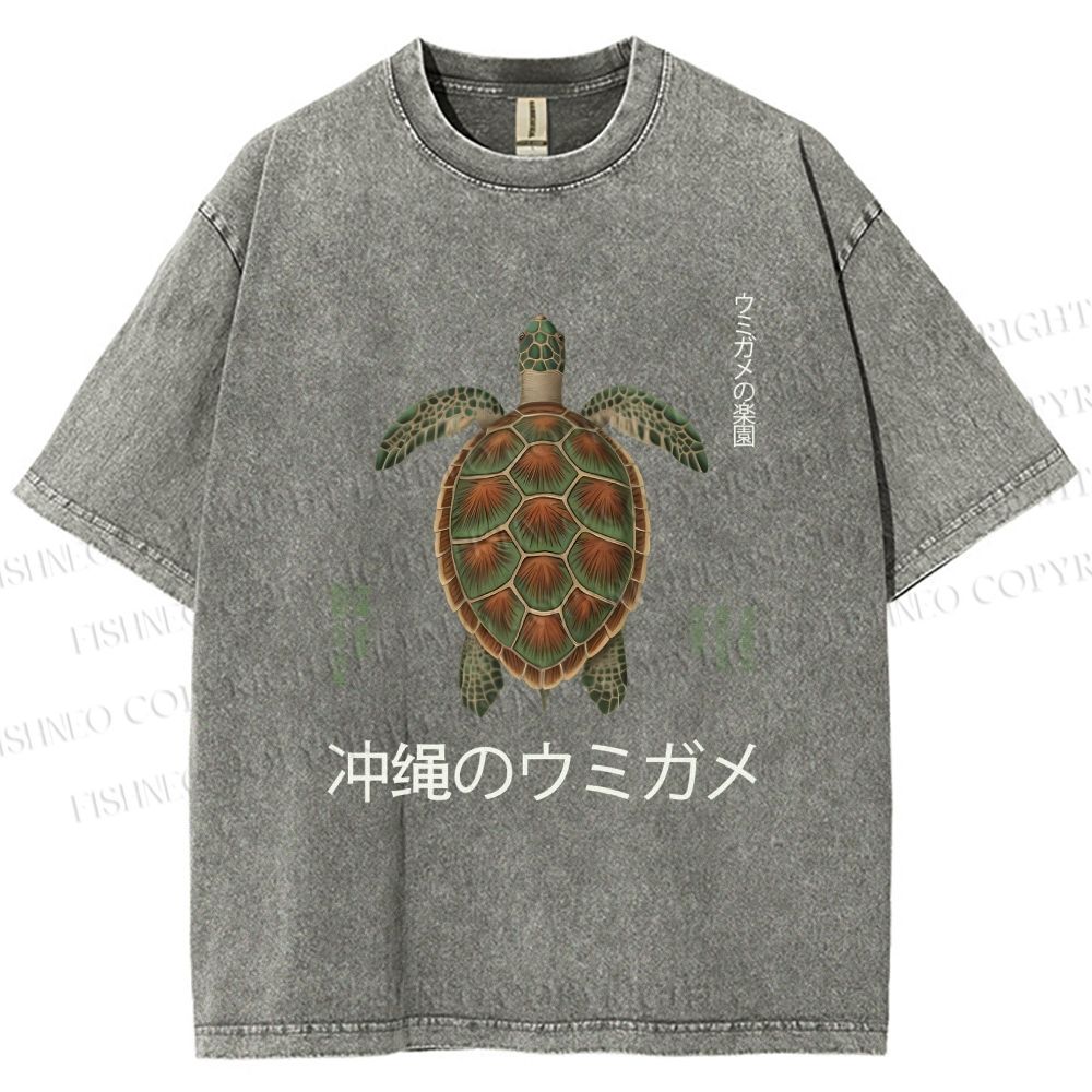 Unisex Japanese Turtle Printed Washed Tee