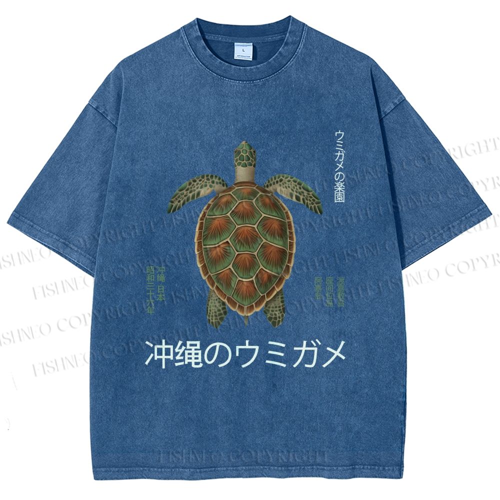 Unisex Japanese Turtle Printed Washed Tee