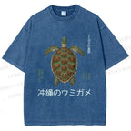 Unisex Japanese Turtle Printed Washed Tee