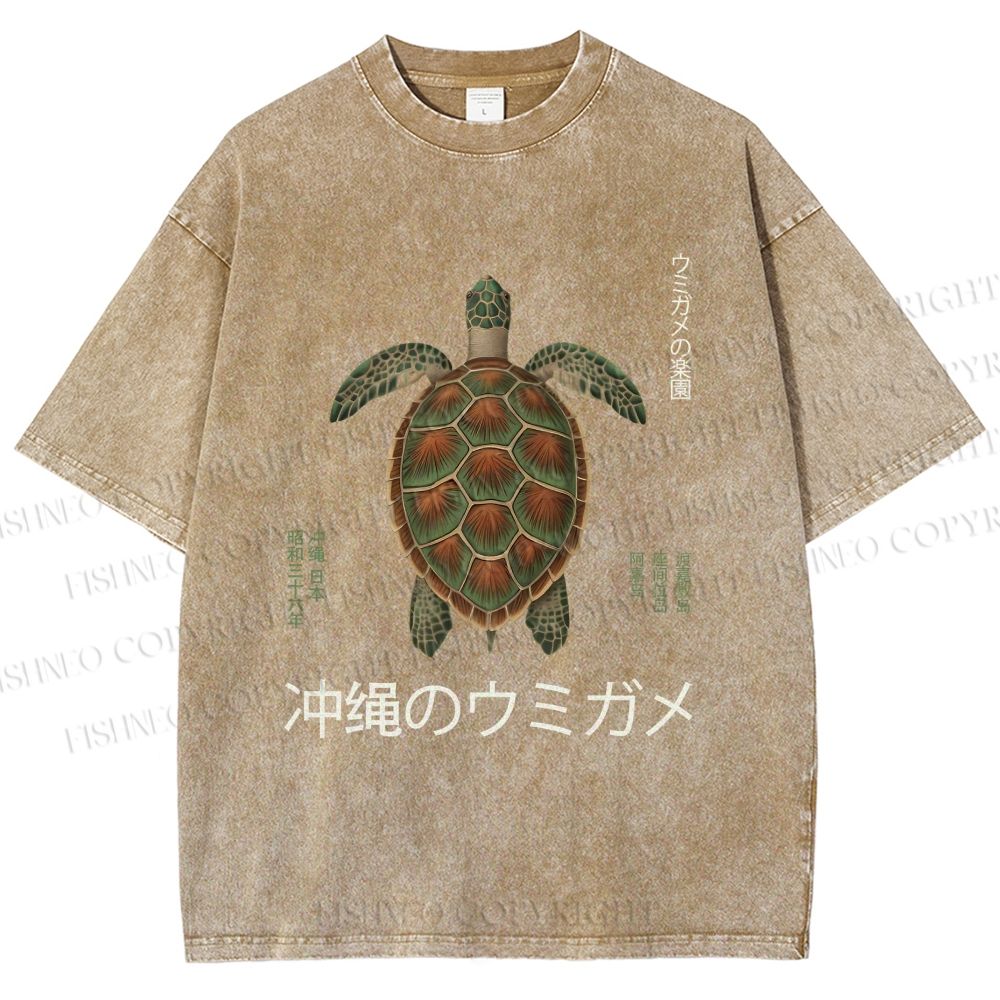 Unisex Japanese Turtle Printed Washed Tee