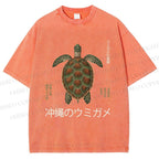 Unisex Japanese Turtle Printed Washed Tee