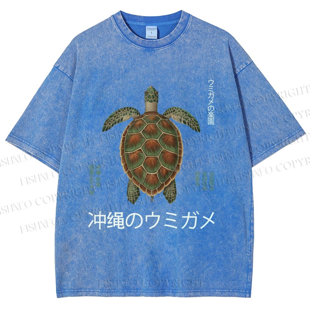 Unisex Japanese Turtle Printed Washed Tee
