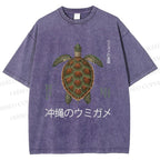 Unisex Japanese Turtle Printed Washed Tee