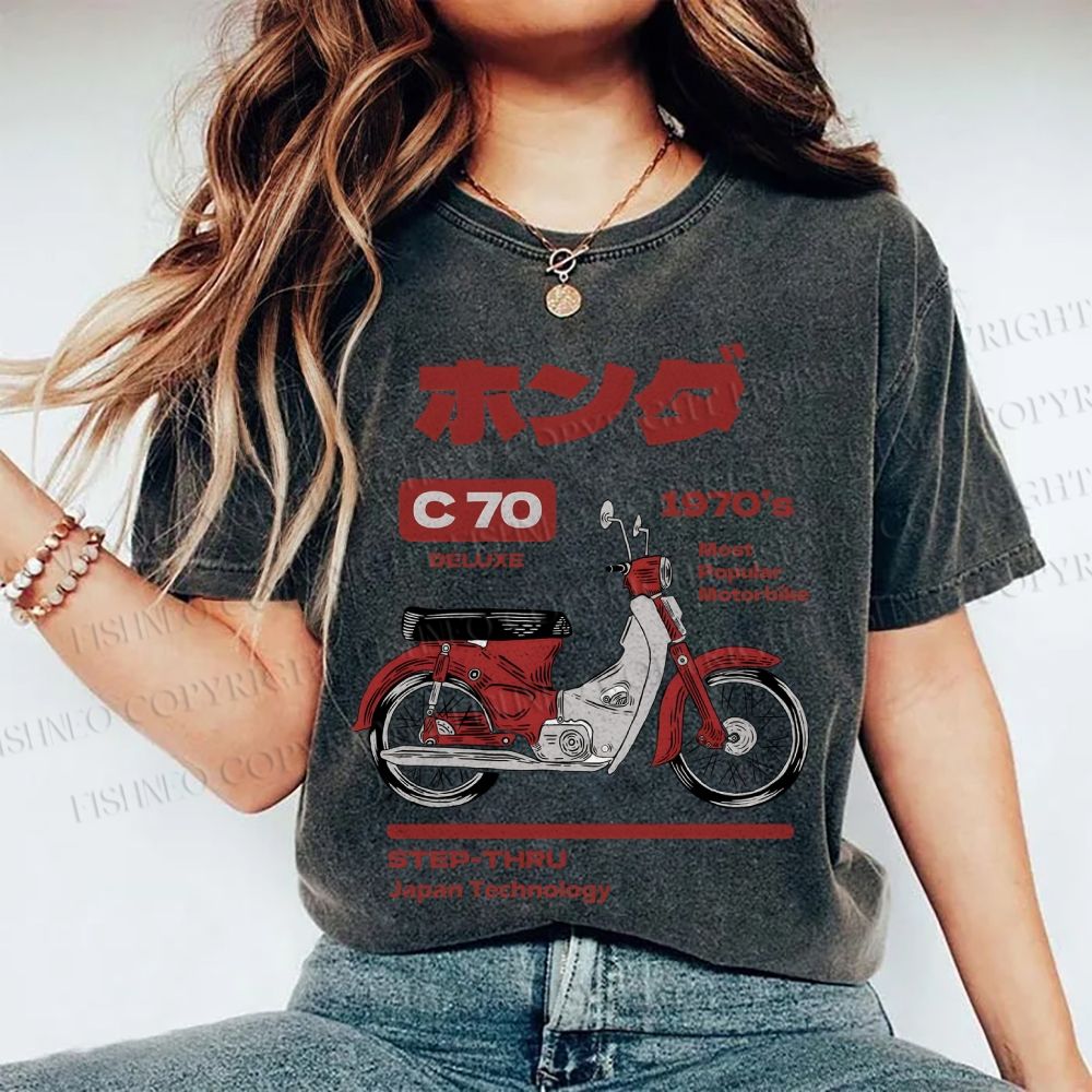 Unisex Japanese Motorcycles Printed Washed Tee