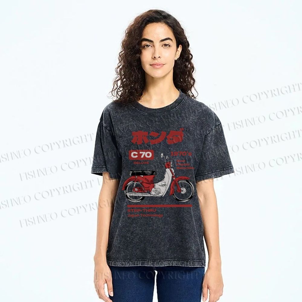 Unisex Japanese Motorcycles Printed Washed Tee
