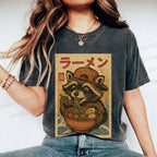 Unisex Vintage Japanese Raccoon Having Noodle Printed Washed Tee