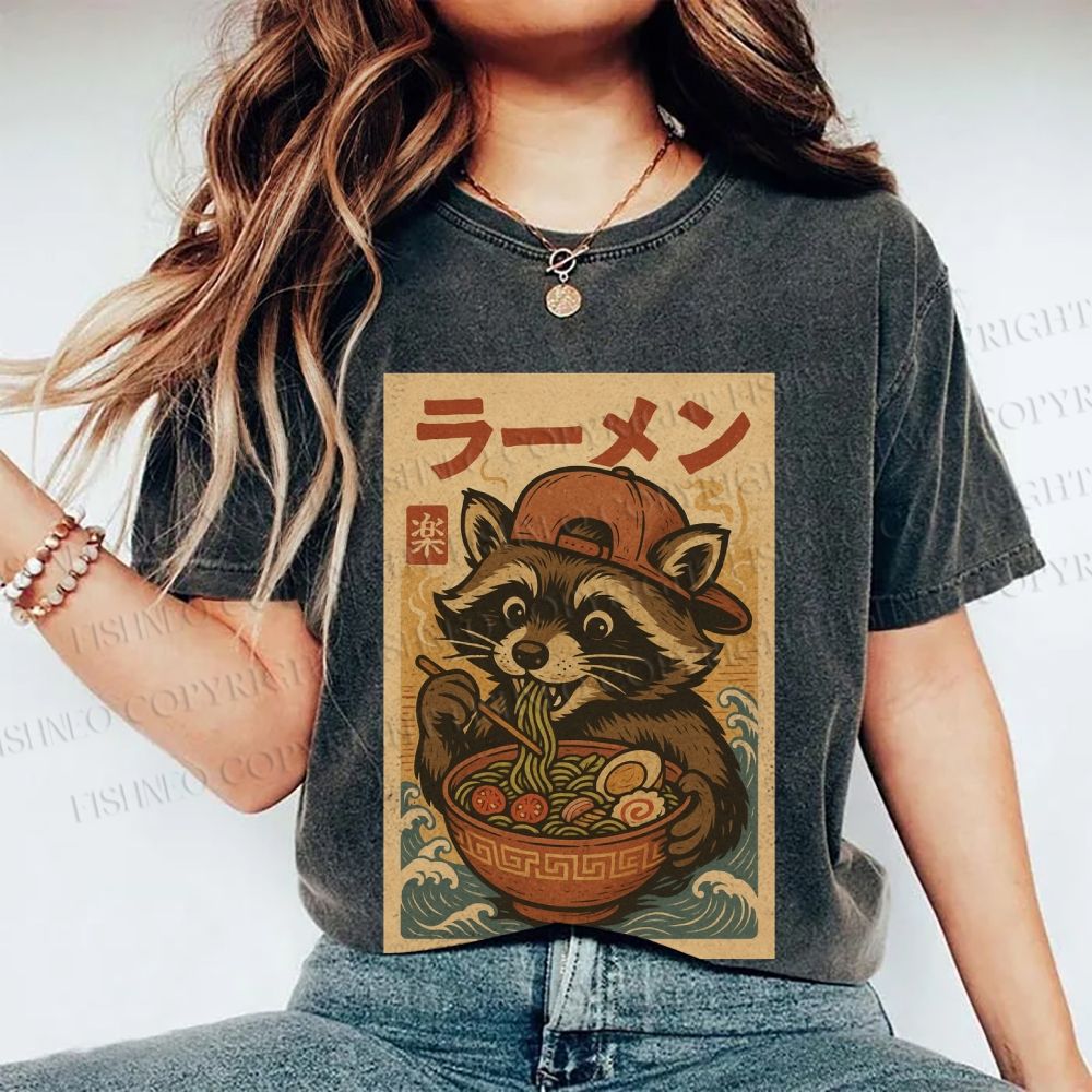 Unisex Vintage Japanese Raccoon Having Noodle Printed Washed Tee