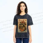 Unisex Vintage Japanese Raccoon Having Noodle Printed Washed Tee