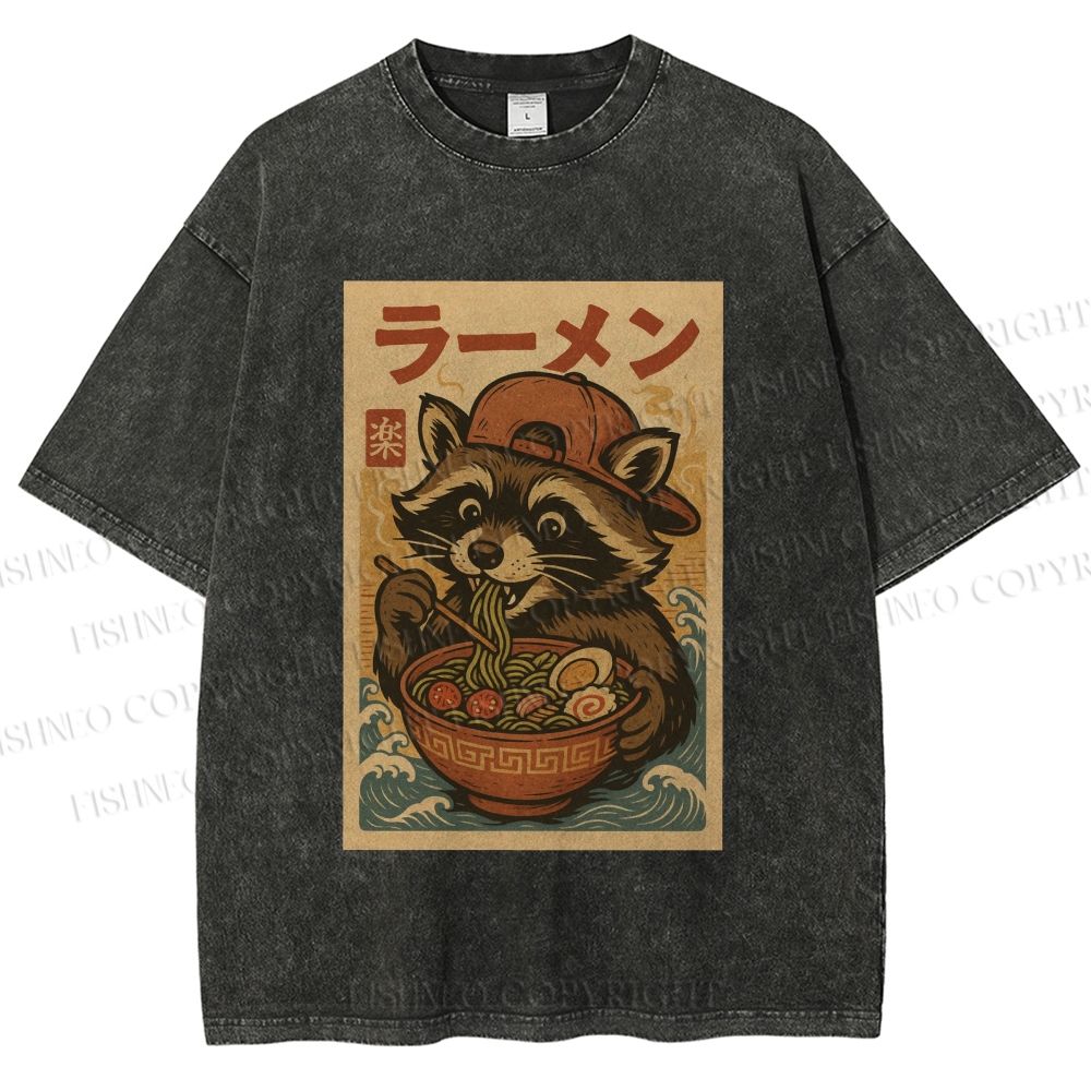 Unisex Vintage Japanese Raccoon Having Noodle Printed Washed Tee