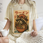 Unisex Vintage Japanese Raccoon Having Noodle Printed Washed Tee