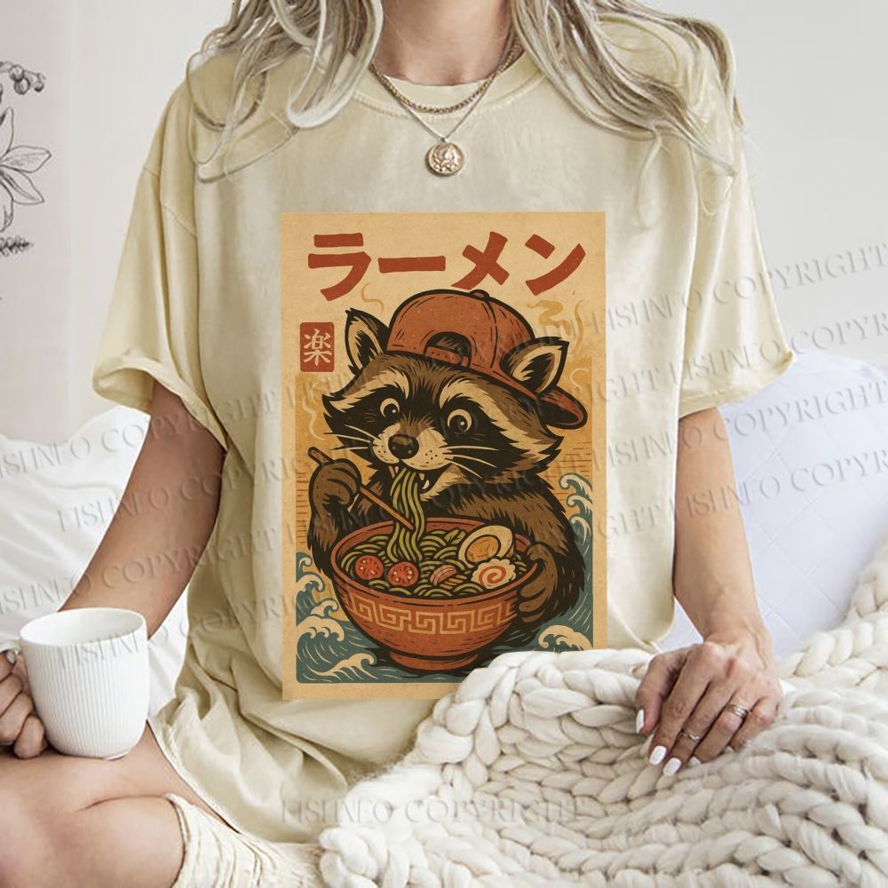 Unisex Vintage Japanese Raccoon Having Noodle Printed Washed Tee