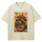 Unisex Vintage Japanese Raccoon Having Noodle Printed Washed Tee