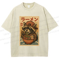 Unisex Vintage Japanese Raccoon Having Noodle Printed Washed Tee