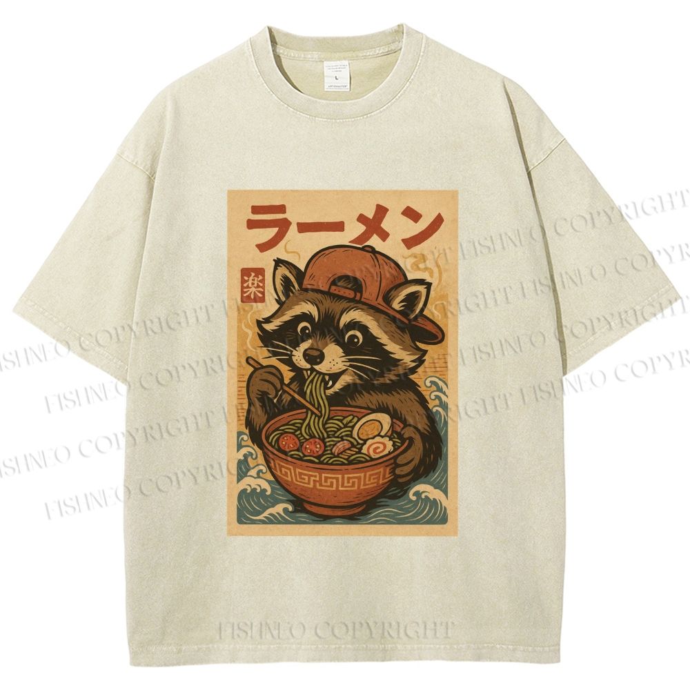 Unisex Vintage Japanese Raccoon Having Noodle Printed Washed Tee