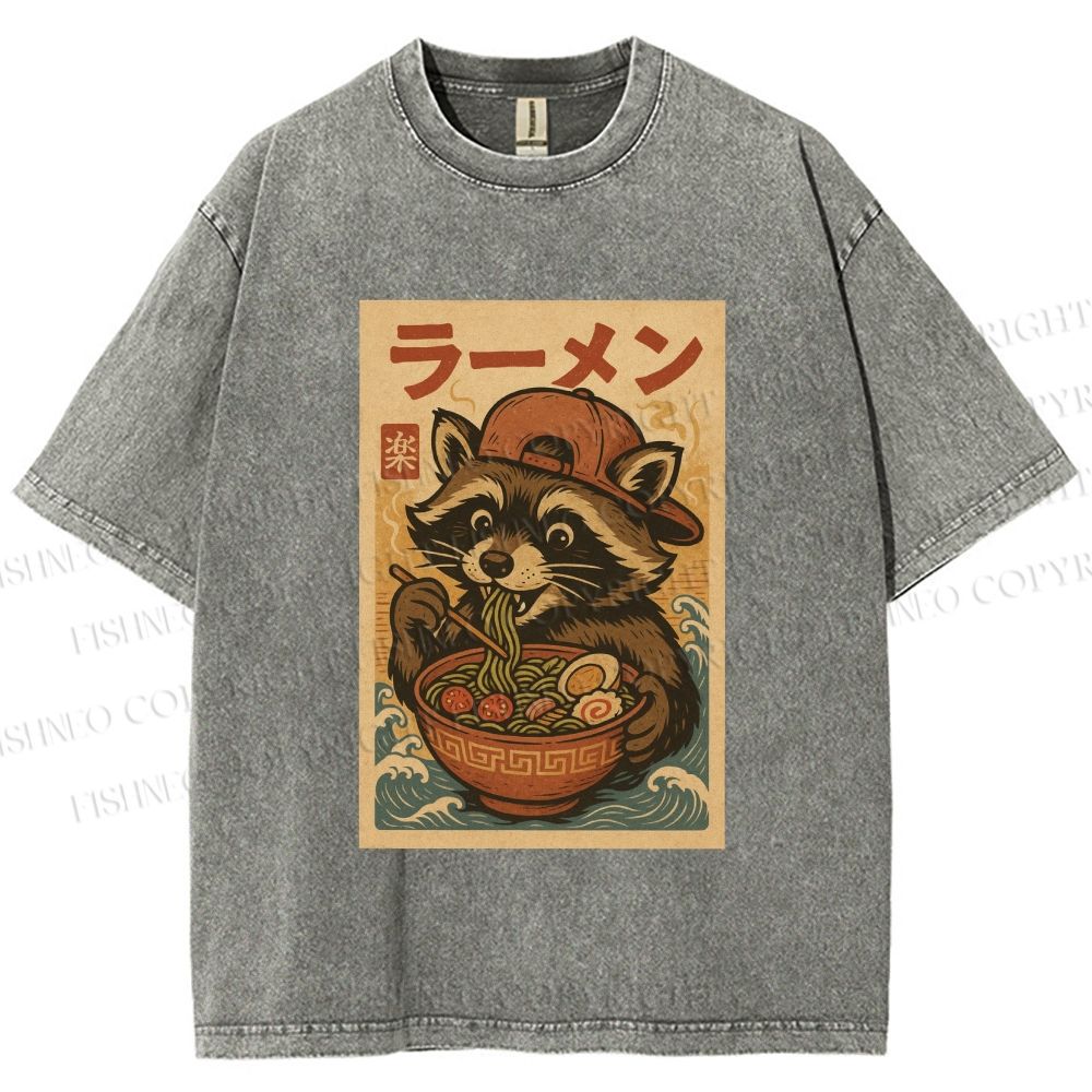 Unisex Vintage Japanese Raccoon Having Noodle Printed Washed Tee