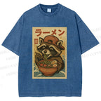 Unisex Vintage Japanese Raccoon Having Noodle Printed Washed Tee