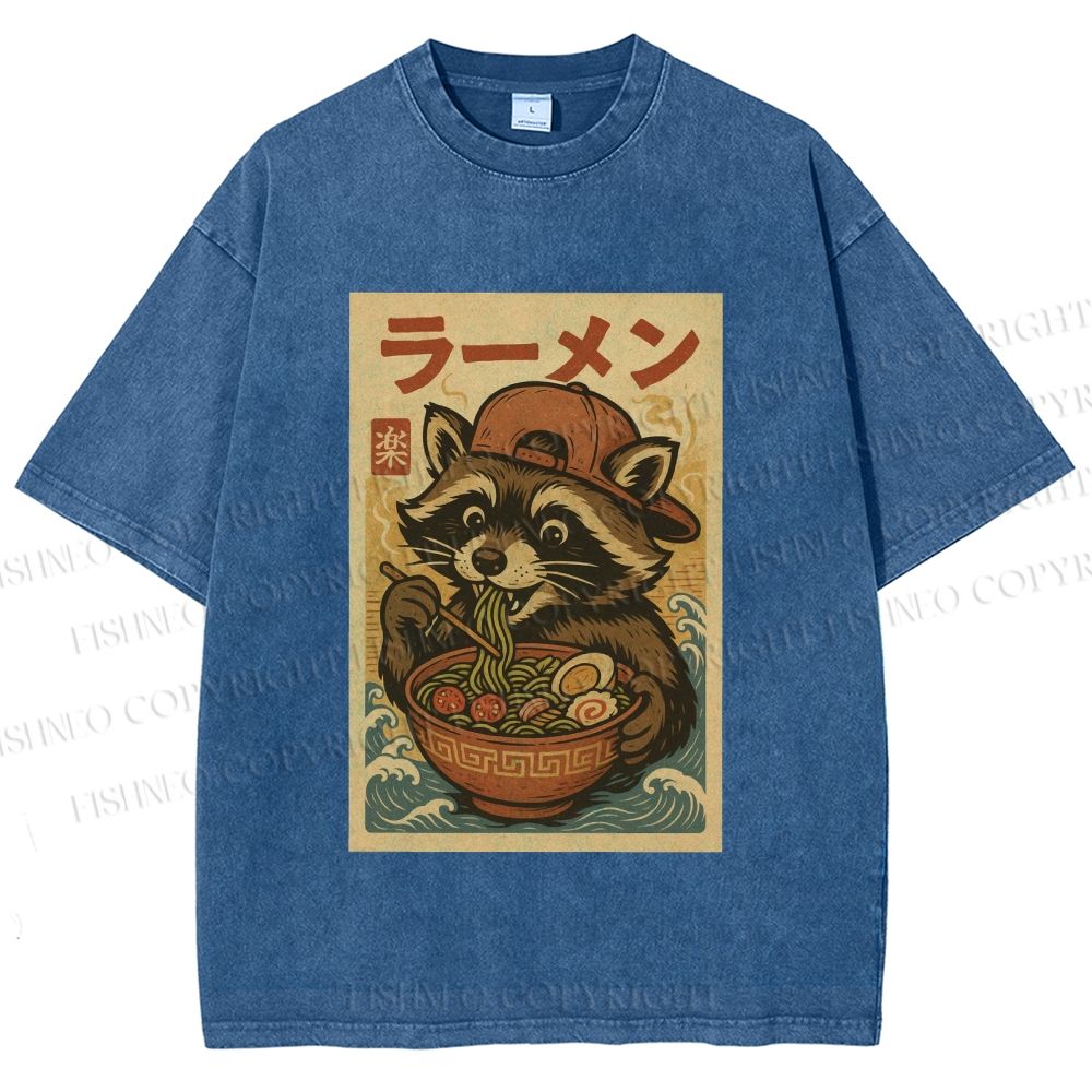 Unisex Vintage Japanese Raccoon Having Noodle Printed Washed Tee