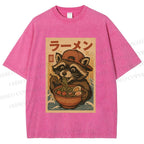 Unisex Vintage Japanese Raccoon Having Noodle Printed Washed Tee