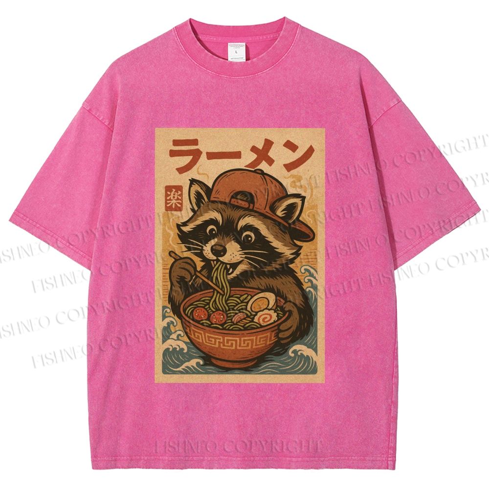 Unisex Vintage Japanese Raccoon Having Noodle Printed Washed Tee