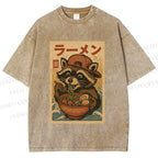 Unisex Vintage Japanese Raccoon Having Noodle Printed Washed Tee