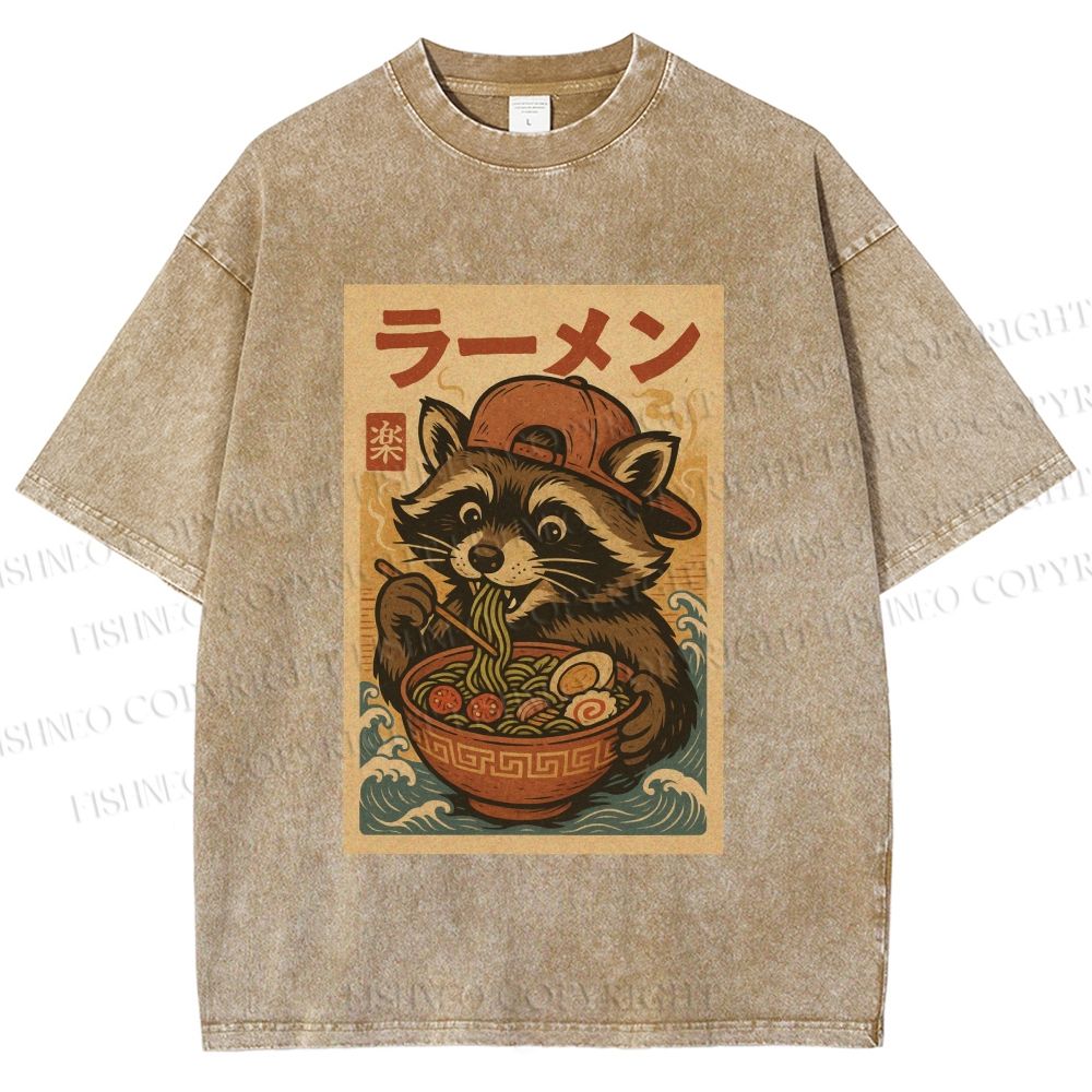 Unisex Vintage Japanese Raccoon Having Noodle Printed Washed Tee