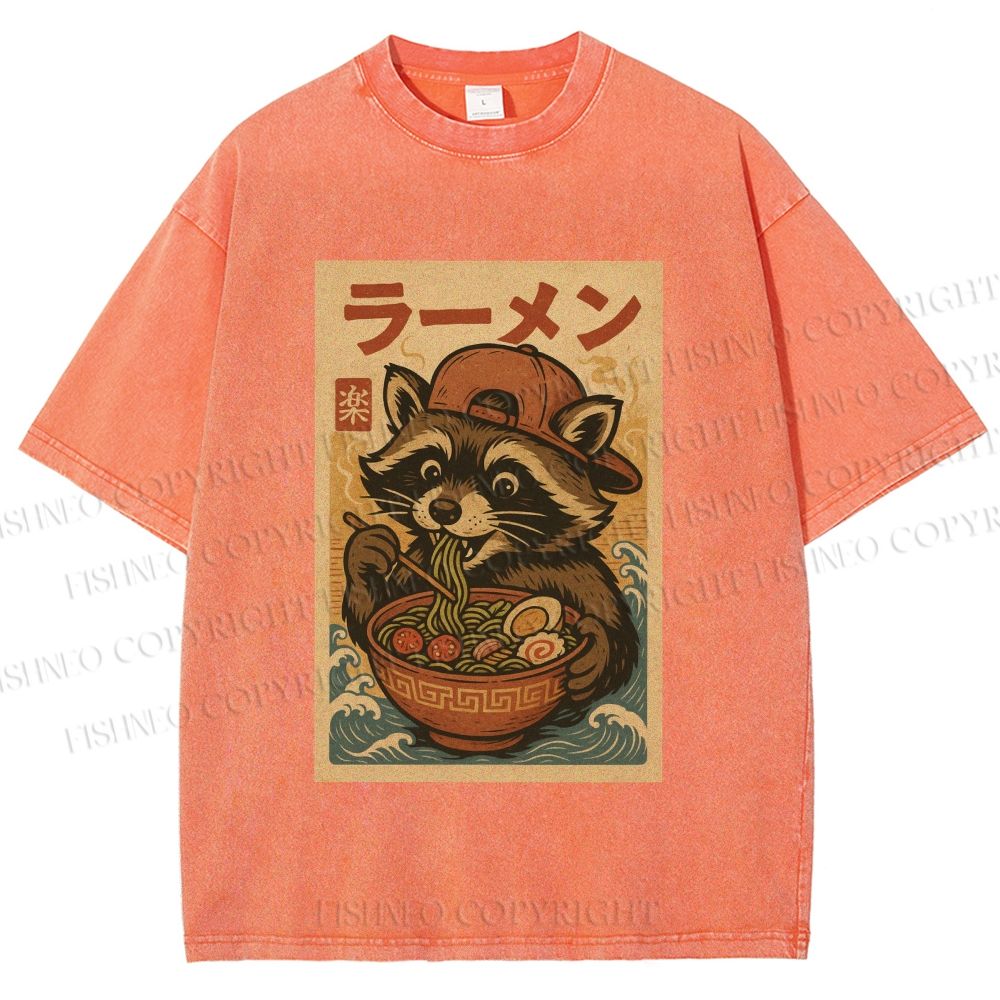 Unisex Vintage Japanese Raccoon Having Noodle Printed Washed Tee