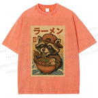 Unisex Vintage Japanese Raccoon Having Noodle Printed Washed Tee