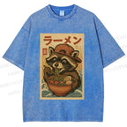 Unisex Vintage Japanese Raccoon Having Noodle Printed Washed Tee