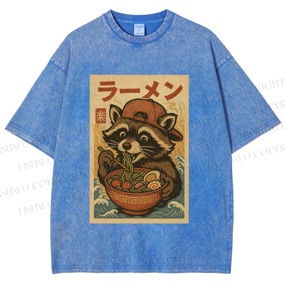 Unisex Vintage Japanese Raccoon Having Noodle Printed Washed Tee