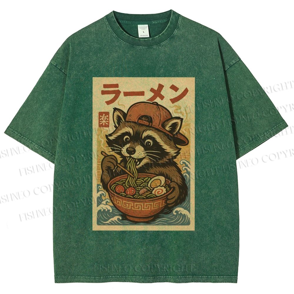 Unisex Vintage Japanese Raccoon Having Noodle Printed Washed Tee