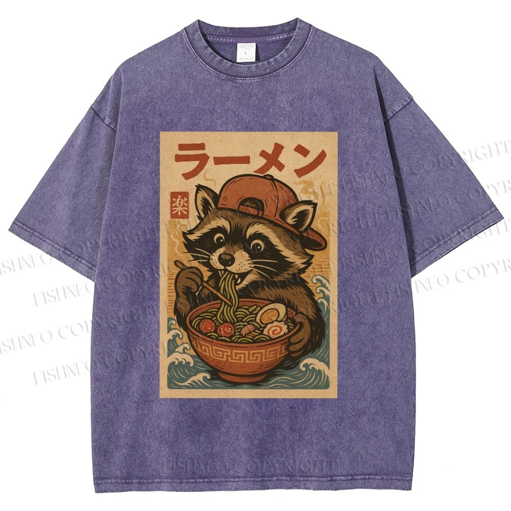 Unisex Vintage Japanese Raccoon Having Noodle Printed Washed Tee