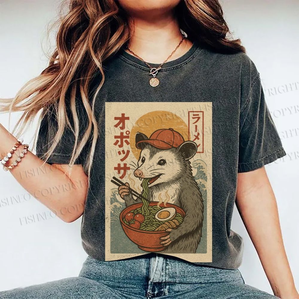 Unisex Vintage Japanese Rat Having Noodle Printed Washed Tee