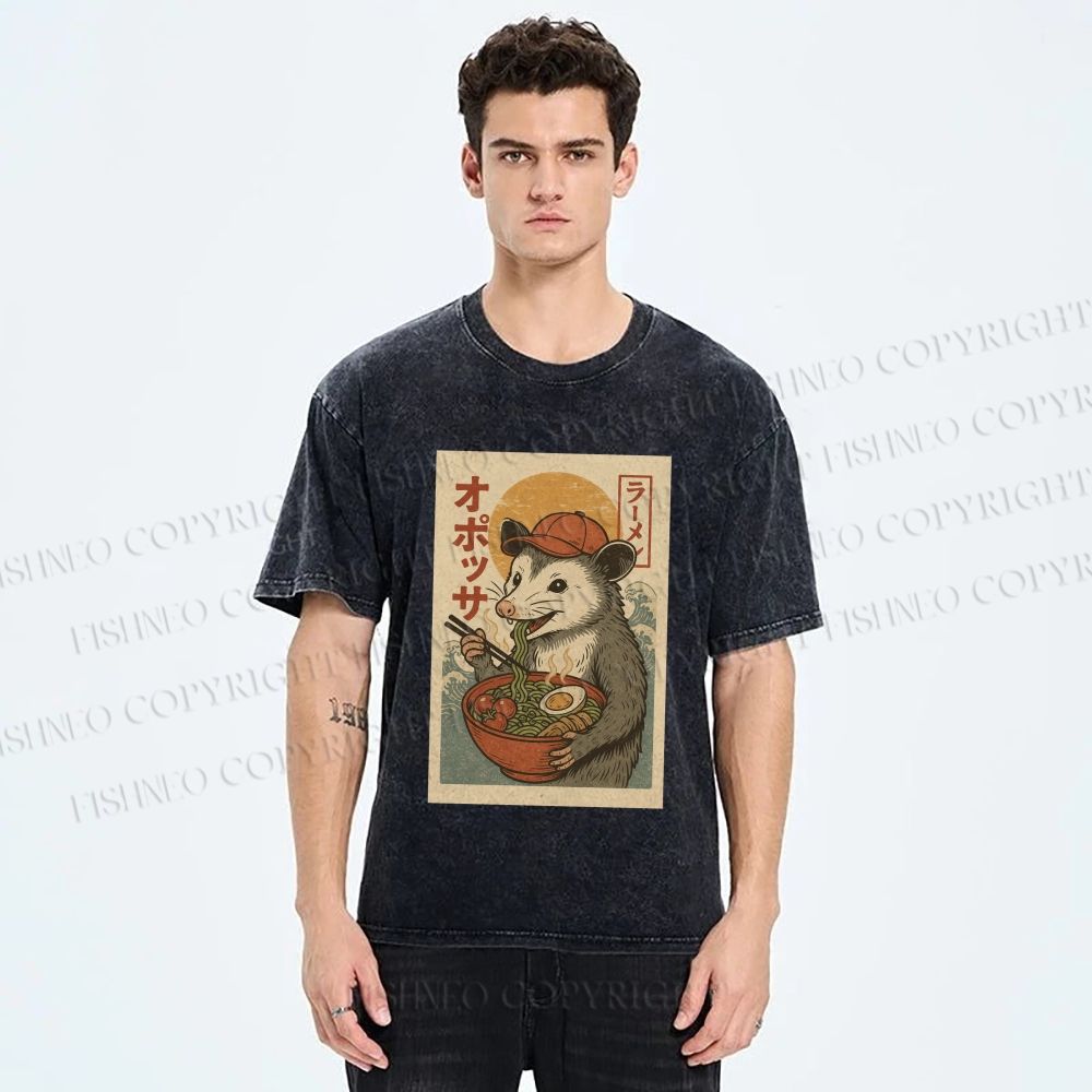 Unisex Vintage Japanese Rat Having Noodle Printed Washed Tee