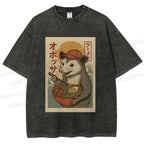 Unisex Vintage Japanese Rat Having Noodle Printed Washed Tee