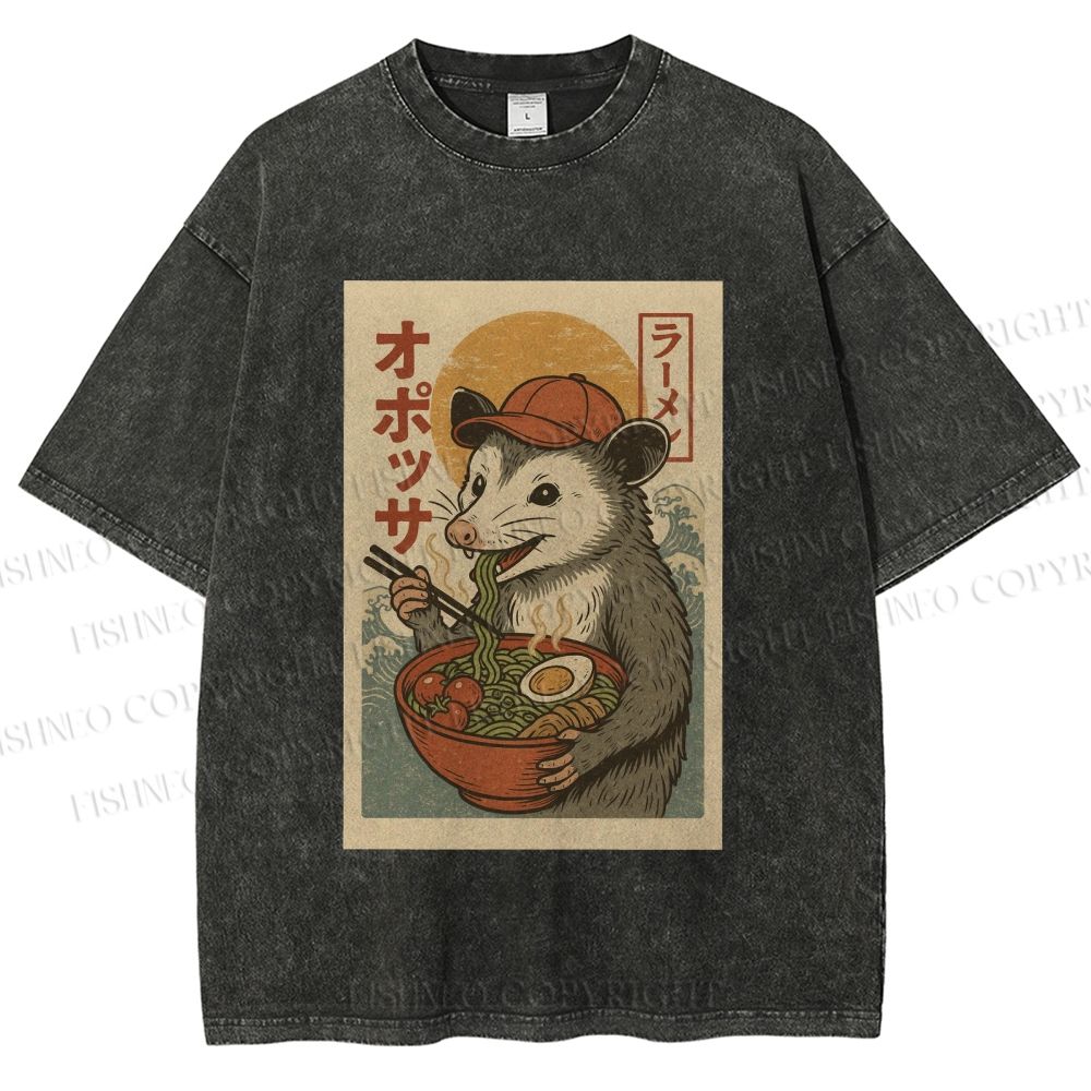Unisex Vintage Japanese Rat Having Noodle Printed Washed Tee