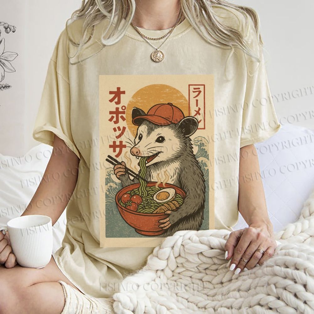 Unisex Vintage Japanese Rat Having Noodle Printed Washed Tee