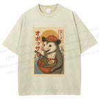 Unisex Vintage Japanese Rat Having Noodle Printed Washed Tee