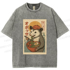 Unisex Vintage Japanese Rat Having Noodle Printed Washed Tee