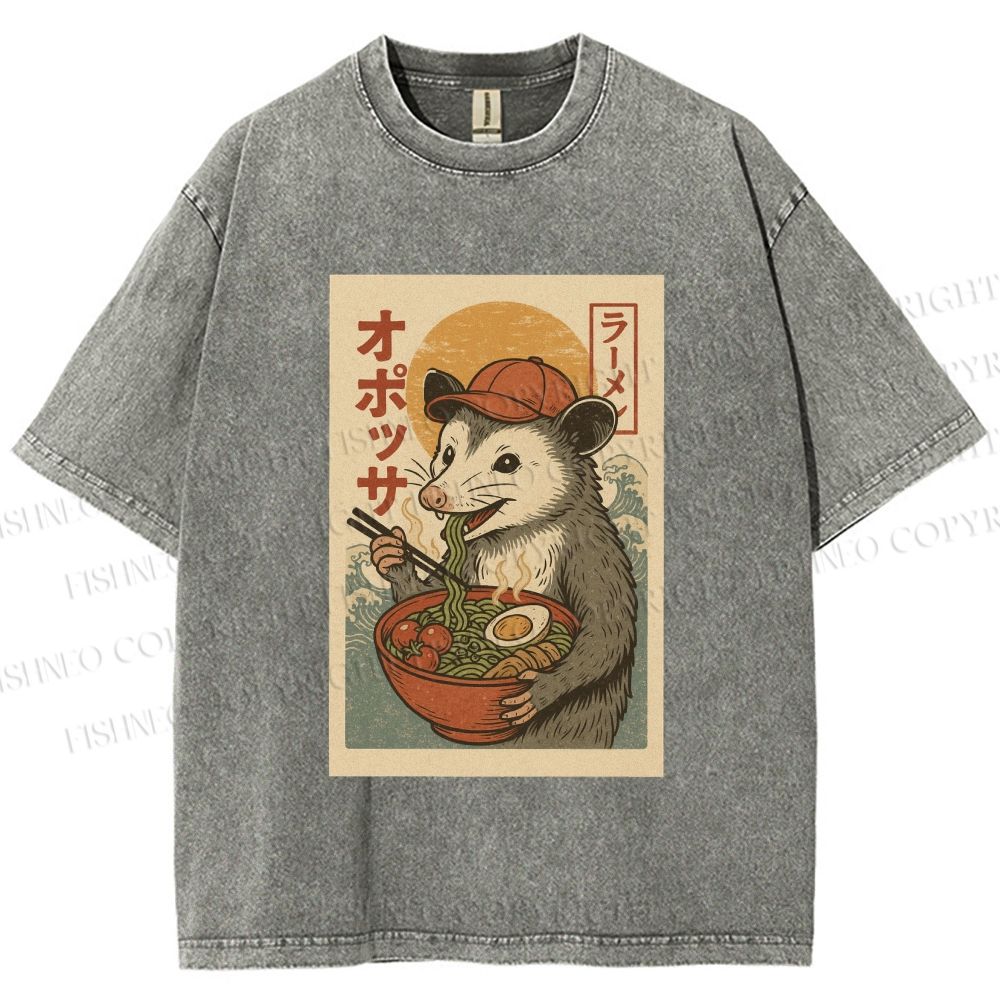 Unisex Vintage Japanese Rat Having Noodle Printed Washed Tee