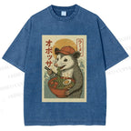 Unisex Vintage Japanese Rat Having Noodle Printed Washed Tee