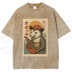 Unisex Vintage Japanese Rat Having Noodle Printed Washed Tee