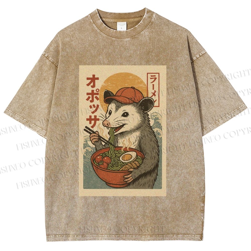 Unisex Vintage Japanese Rat Having Noodle Printed Washed Tee