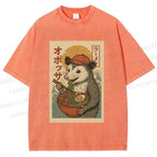 Unisex Vintage Japanese Rat Having Noodle Printed Washed Tee