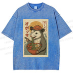 Unisex Vintage Japanese Rat Having Noodle Printed Washed Tee
