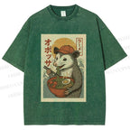 Unisex Vintage Japanese Rat Having Noodle Printed Washed Tee