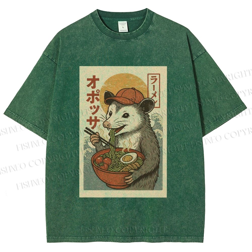 Unisex Vintage Japanese Rat Having Noodle Printed Washed Tee