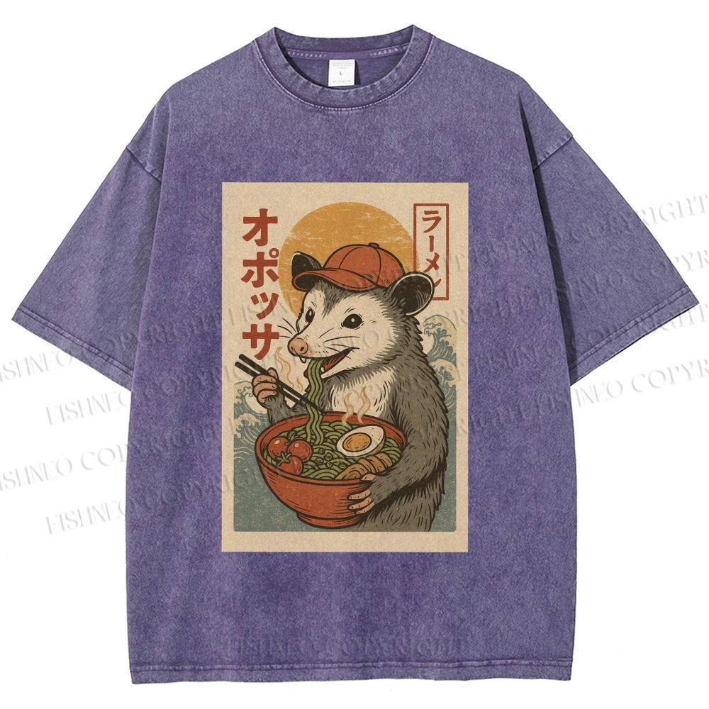Unisex Vintage Japanese Rat Having Noodle Printed Washed Tee
