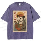 Unisex Vintage Japanese Rat Having Noodle Printed Washed Tee