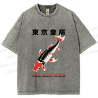 Unisex Vintage Koi Fish Printed Washed Tee