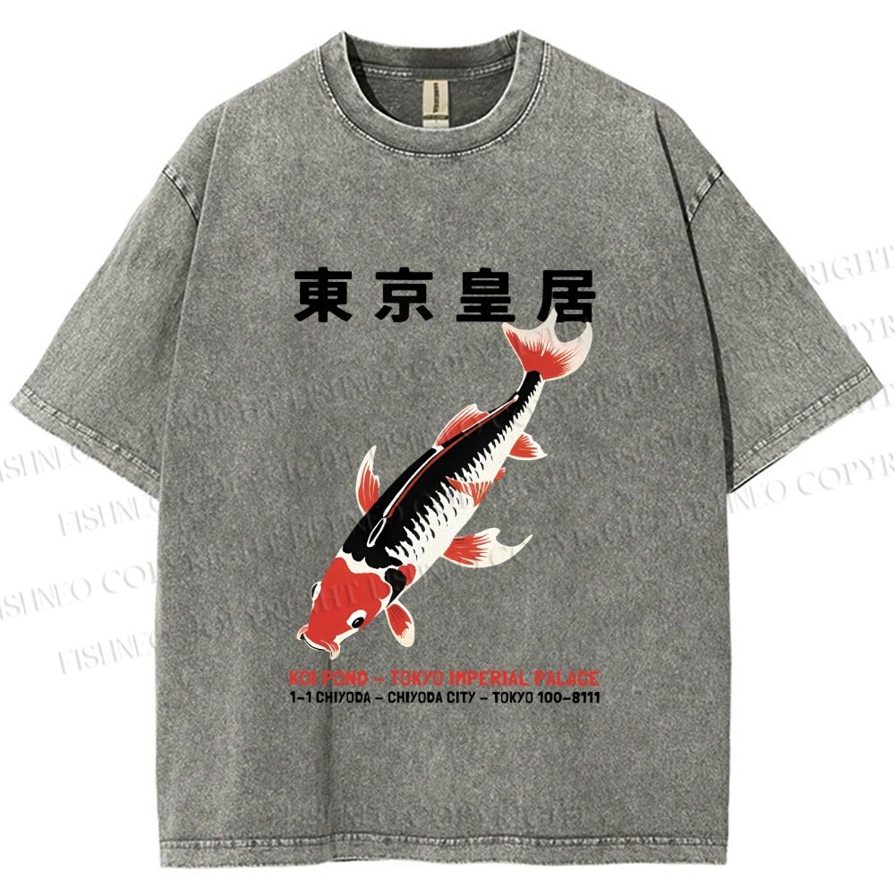 Unisex Vintage Koi Fish Printed Washed Tee